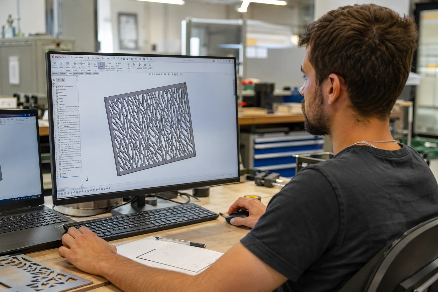 Inginer proiectând un panou decorativ metalic în CAD, pe calculator, în atelierul UtilajModern